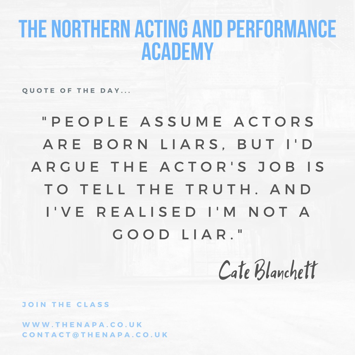 The environment of acting can be inherently false anyway, but in order to make it seem real, we have to root the performance in something truthful, something from ourselves. 
thenapa.co.uk/apply/
#Actors #Findingtruth #Allergictobullshit #MCR #CreativeMCR  #ThursdayThoughts