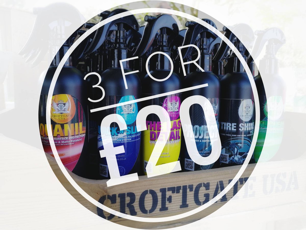 🌟3 for £20🌟
Choose 3 different products and save up to 27% - croftgate.uk/3for20

Our pre-selected combos make it even easier to make your choice 🎉

6 for £40 and get FREE DELIVERY 🚚

Choose from: Quick Detailer, Waterless Wash, Spray Wax, Tyre Dressing, Spray Glaze, APC