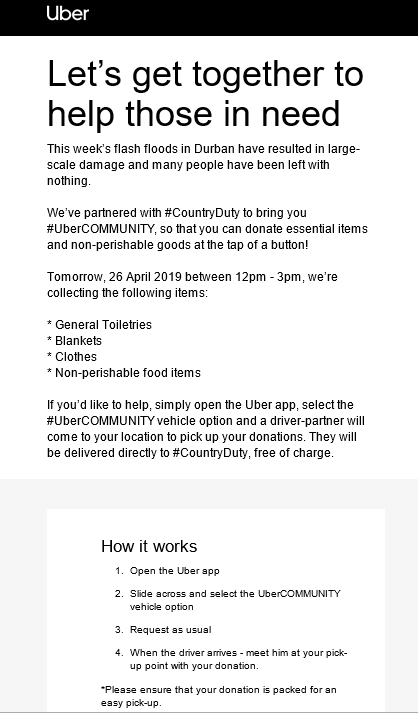 MzansisHP's tweet photo. #DurbanFlood - #UberCOMMUNITY and #Countryduty Donate Essential Items Tomorrow, Friday 26 April. Info Below. @tumisole https://t.co/oTAuYWVakt