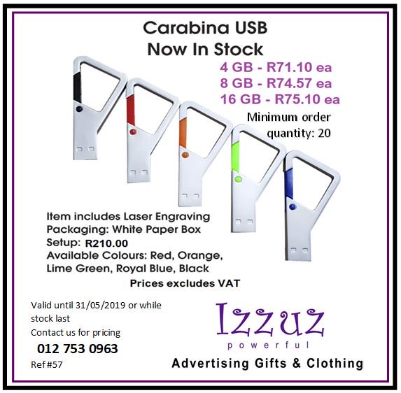 IzzuzPty's tweet image. New memory sticks! Incl 1 position laser engraving (excl. VAT &amp;amp; set up). While stocks last / promo ends 31 May 2019.
012 753 0963 / carla@izzuz.co.za
#memorysticks #USB #flashdrive #freebranding #engraving #corporategifts #promotionalgifts #createbrandawareness #branding #Izzuz
