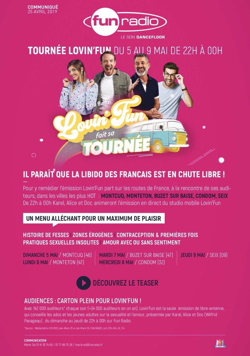 🎙<a href="/funradio_fr/">Fun Radio France</a> en tournée avec <a href="/Lovinfun/">Lovin'Fun</a> dans les villes les plus HOT de France 🔥🙊
⏭Du dimanche 5 mai au jeudi 9 mai de 22h à 00h en direct du studio mobile <a href="/Lovinfun/">Lovin'Fun</a>
