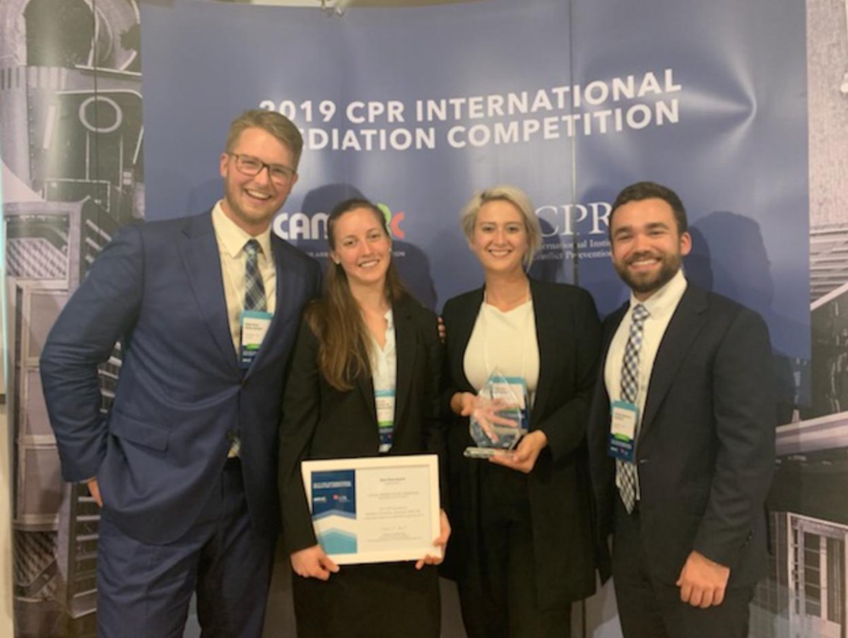 HNMCP's tweet photo. For the 2nd year in a row, @Harvard_Law students won recognition as best negotiating team at @CPR_Institute Int'l Mediation Competition. Congrats Brayden Koslowsky, Devony Schmidt, Caitlin Hoeberlein, &amp; Peter Daniels! Extra shout out to Caitlin, named "Best Client Negotiator." https://t.co/0pwONKEKUK