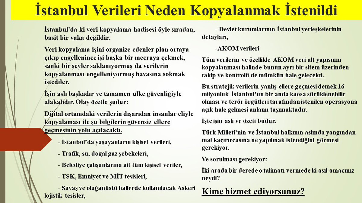 Gündemin içinde kaybolup gitmemelidir
#İstanbul BBB dijital verilerinin kopyalanması meselesi üzerinde hassasiyetle durulması gerekiyor 
Soruyoruz:
İstanbul verileri neden kopyalanmak istenildi?
İki arada bir derede o talimat neden verildi? 
Amaç neydi? 
Kime HİZMET ediyorsunuz?