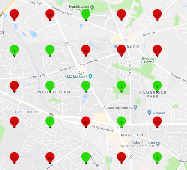 JPhillyLegal's tweet photo. Hey @GoogleMyBiz we're noticing some WILD fluctuations in maps (have since march). This is what @LocalFalcon is returning for one of our top terms.

The spots where my company is 20+ the top spots are all 40-50 MILES away from here, on the other end of the state. #stopcraponmaps https://t.co/E5hQsTBLja