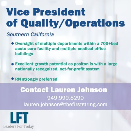 Leaders4Today's tweet photo. We are looking for a Vice President of Quality/Operations for a facility in Southern California! If you are interested in learning more please contact Lauren Johnson #vicepresident  #candidate  #apply  #quality #healthcarestaffing #healthcarerecruitment #healthcarejobs https://t.co/C2WCMZYrhp