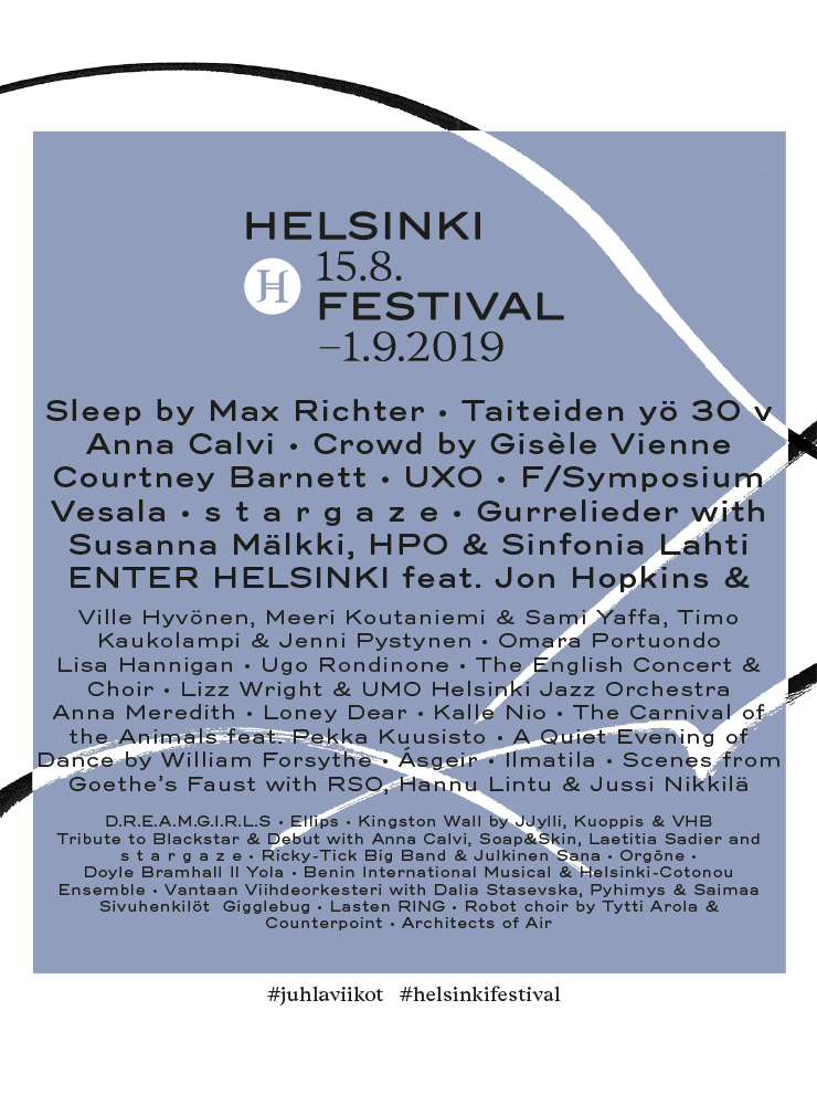 moia's tweet photo. So happy to announce the program for #helsinkifestival @helsinkifest #juhlaviikot 15.8.-1.9.2019 Art all around the city including nine world premieres. A big thanks to the festival team and artists! Full program: https://t.co/ElMe86Pc4t A few highlights in this thread... 1/ https://t.co/0W1XMHSE1F