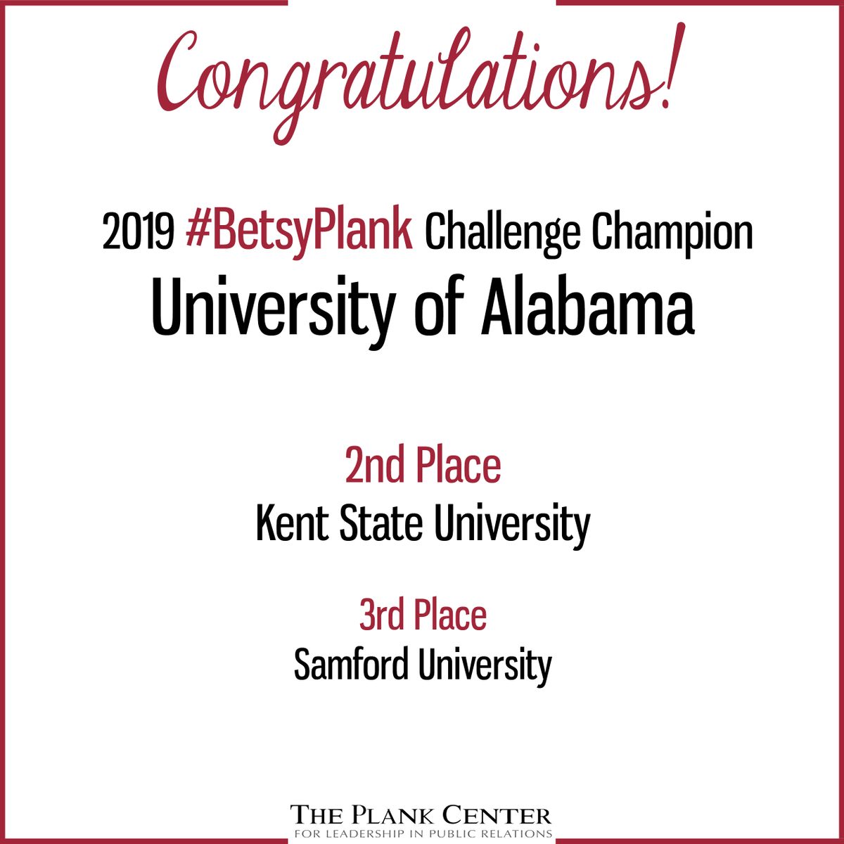 PlankCenterPR's tweet photo. Congratulations to the 2019 #BetsyPlank Champions! 🏆   
🥇: @UAprssa  
🥈: @prssakent  
🥉: @PRSSASamford

TY for celebrating #BetsyPlank by giving back on campus and in your community! https://t.co/u0yHVsJhYc