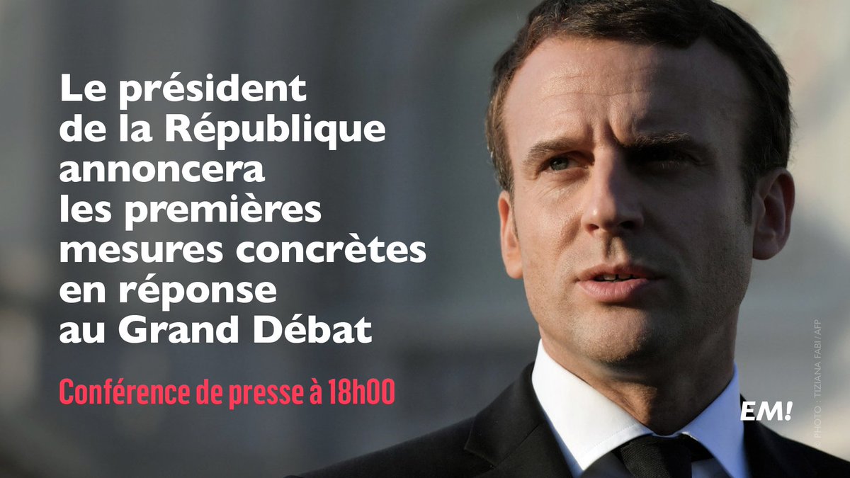 Ce soir, à 18h <a href="/EmmanuelMacron/">Emmanuel Macron</a> présentera ses réponses au Grand Débat.

#ConferenceDePresse