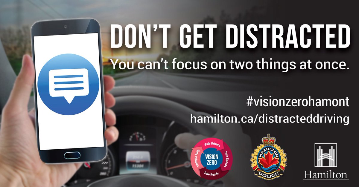 cityofhamilton's tweet photo. Distracted driving is now the #1 cause of collisions in Ontario. Avoid distractions when behind the wheel. Learn more: https://t.co/5Y0ZSr8IXx #HamOnt #VisionZeroHamOnt https://t.co/Jz35RHYgJQ