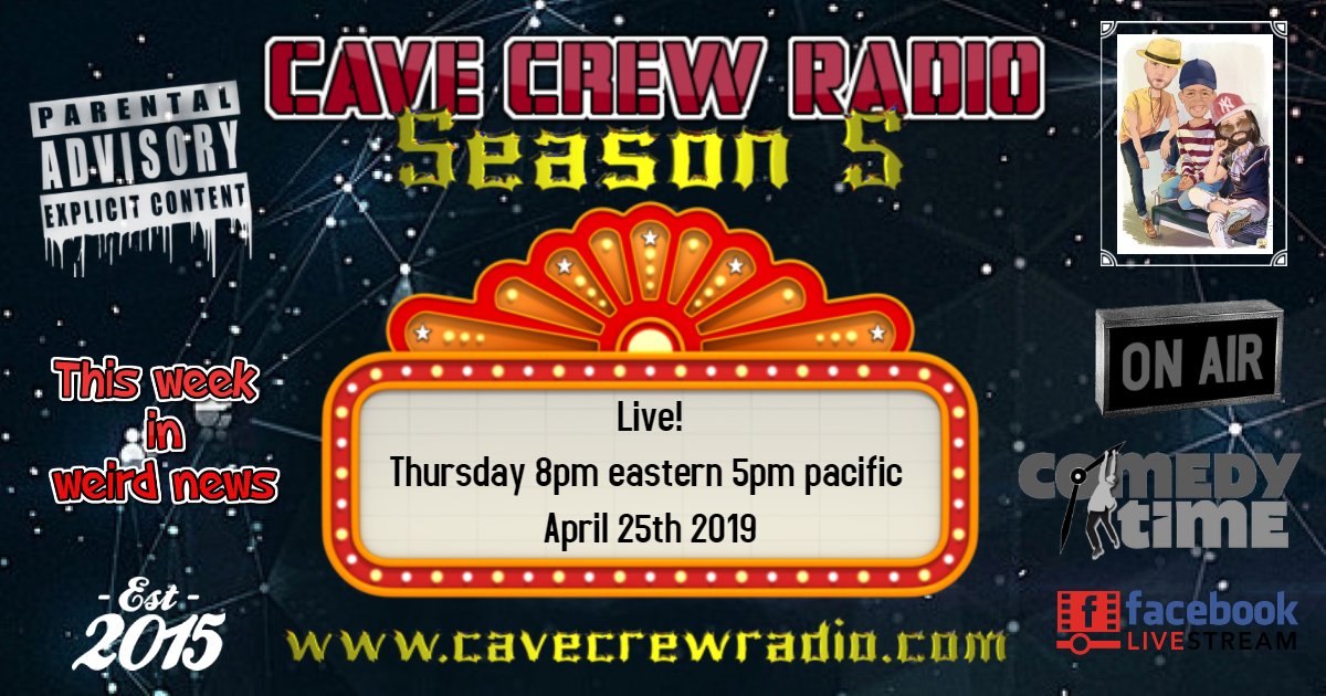 cavecrewradio's tweet photo. We are back live! Thursday 8pm eastern 5pm pacific
watch video https://t.co/MYidwT2vzj …
Listen and chat https://t.co/GP9AvH5hJs 
Join the International Panel of Weird for all the latest from around the world!
#PodernFamily #ShareAShow #comedybus #WeirdCity #Livestream https://t.co/Z1x4EJDA7A
