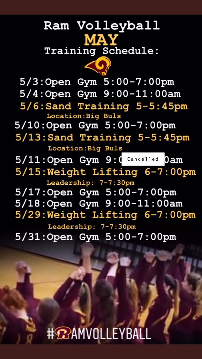 rossrams_vb's tweet photo. All athletes planning on trying out for the 2019 volleyball season, please update your calendars for the RHS April/May Training schedule. There have been some cancellations due to scheduling conflicts.
#RamVB #BetterTogether ππ https://t.co/KQGtpH88F7