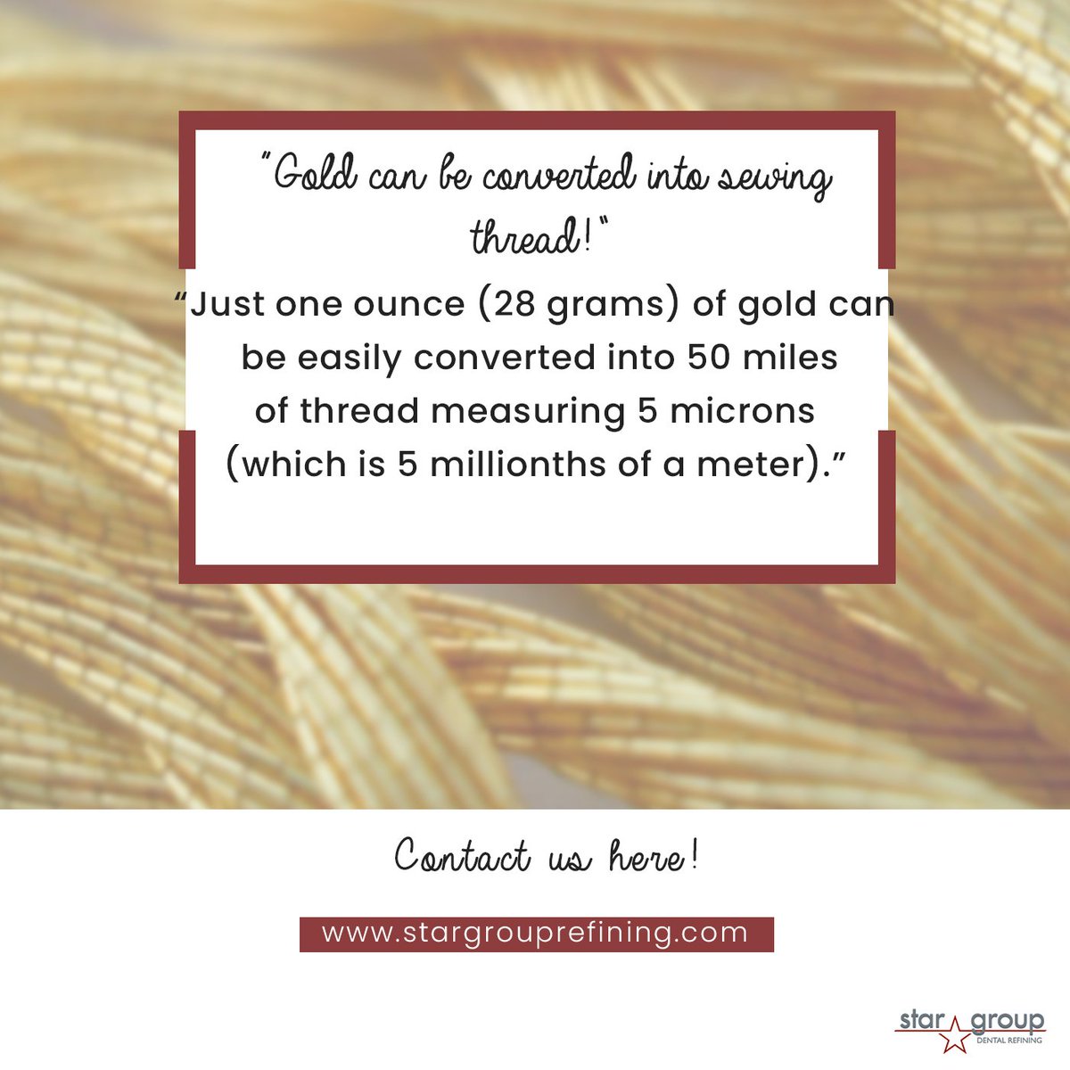 stargrprefining's tweet photo. Another interesting fact of our well beloved Gold! Would you love to try sewing with Gold if had the chance? We are sure it would be a different experience! 🤗

#CashForGold #Dental #PreciousMetals #Dentist #DentalScrap #DentalPractice #DentalCare #Dentalife #Gold #GoldFact https://t.co/xfiyEdtCiL