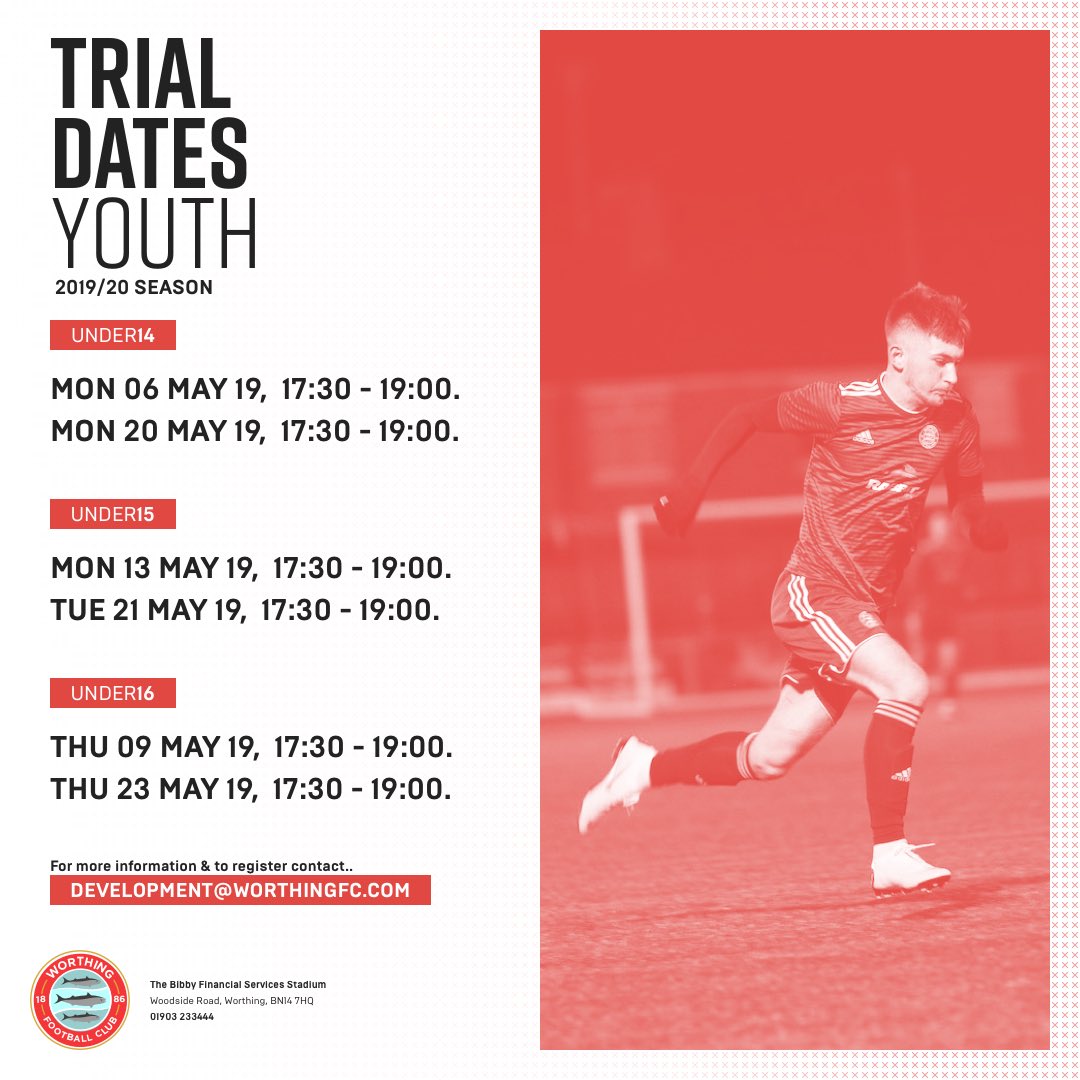 Youth TRIAL DATES ⚽️

⚠️ Slight change to the #Under15 Trial Dates. They will now take place on the 13th &amp; 21st of May! 

To get involved contact
📩 development@worthingfc.com

#WFC #ProvidingThePathway