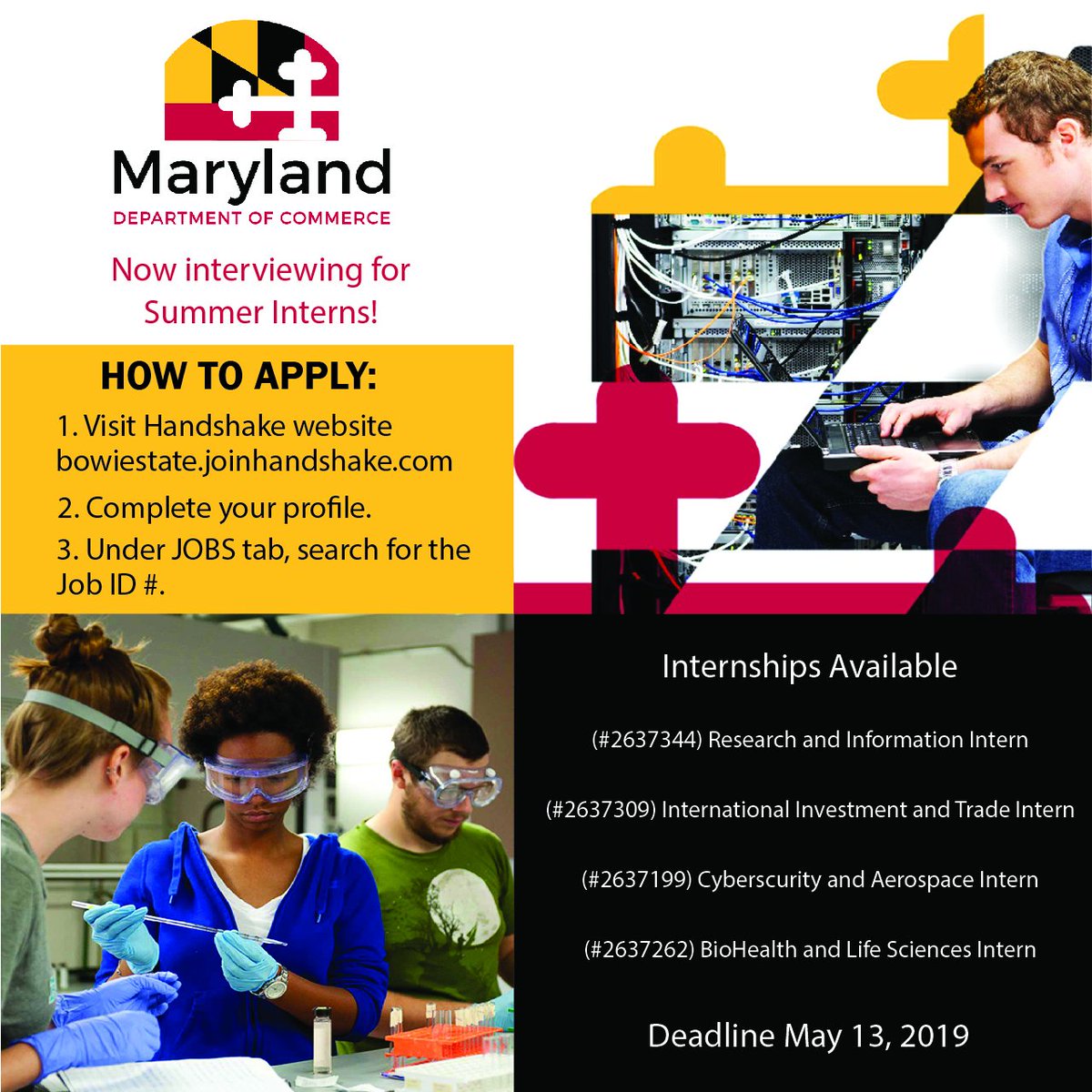 BowieCdc's tweet photo. The Maryland Department of Commerce is hiring for Summer Interns! Visit Handshake to apply for positions by Job ID number. https://t.co/6wmvLLVkWV https://t.co/Wiyb8G3mvv