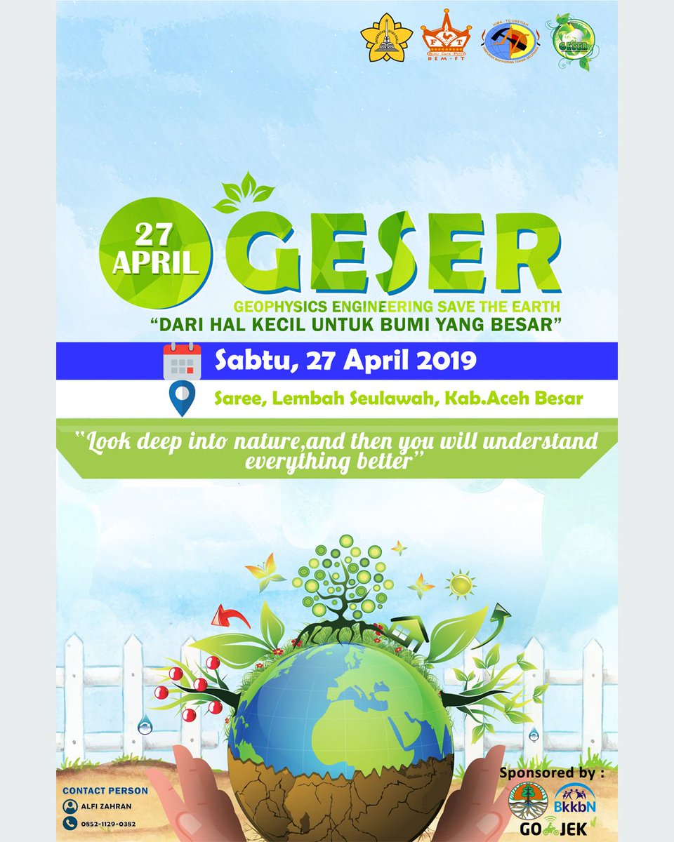 [GESER 2019]
"Geophysics Engineering Save The Earth"
📆 Sabtu, 27 April 2019
📍 Saree, Lembah Seulawah, Aceh Besar
⏰ 07.00 - Selesai
Bakalan banyak kegiatan seru dan menarik lo seperti :
🌱Penanaman Pohon
🌱Lomba Kerakyatan
🌱interaksi gajah
#HimaTG #Geofisika #FT #Unsyiah #Aceh