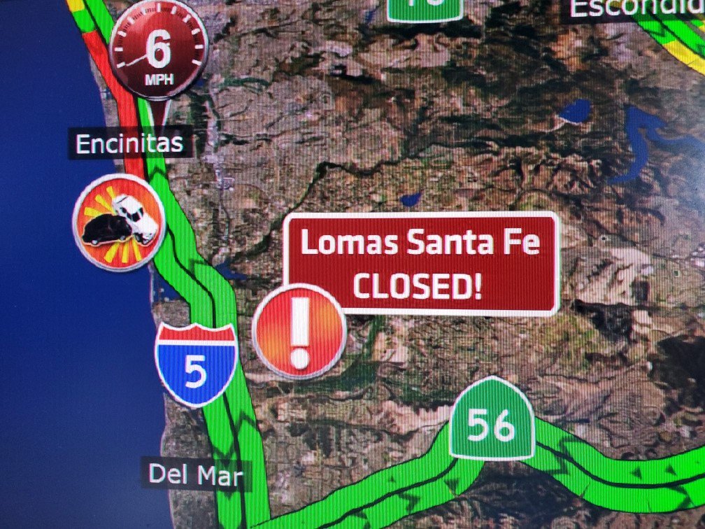 1ST Alert Traffic - major problems north coast - 5 vehicle wreck blocking lanes - 5 South @ Encinitas Blvd.
Lomas Santa Fe Drive - CLOSED! east of I-5, Police activity. Best alernative - south to Via de la Valle from Highland