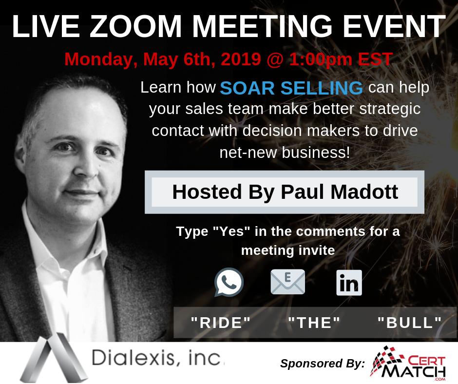 Join <a href="/CertMatchcom/">CertMatch.com</a> and <a href="/SOARSelling/">SOAR Selling</a>, for this FREE Open Invitation - LIVE Zoom Meeting Event on Monday, May 6th @ 1:00pm EST.

Comment "Yes" for a meeting invite!

#salestraining #selling #salestrainer #executivecoach #sellingskills #leadership #coaching #success #salespeople