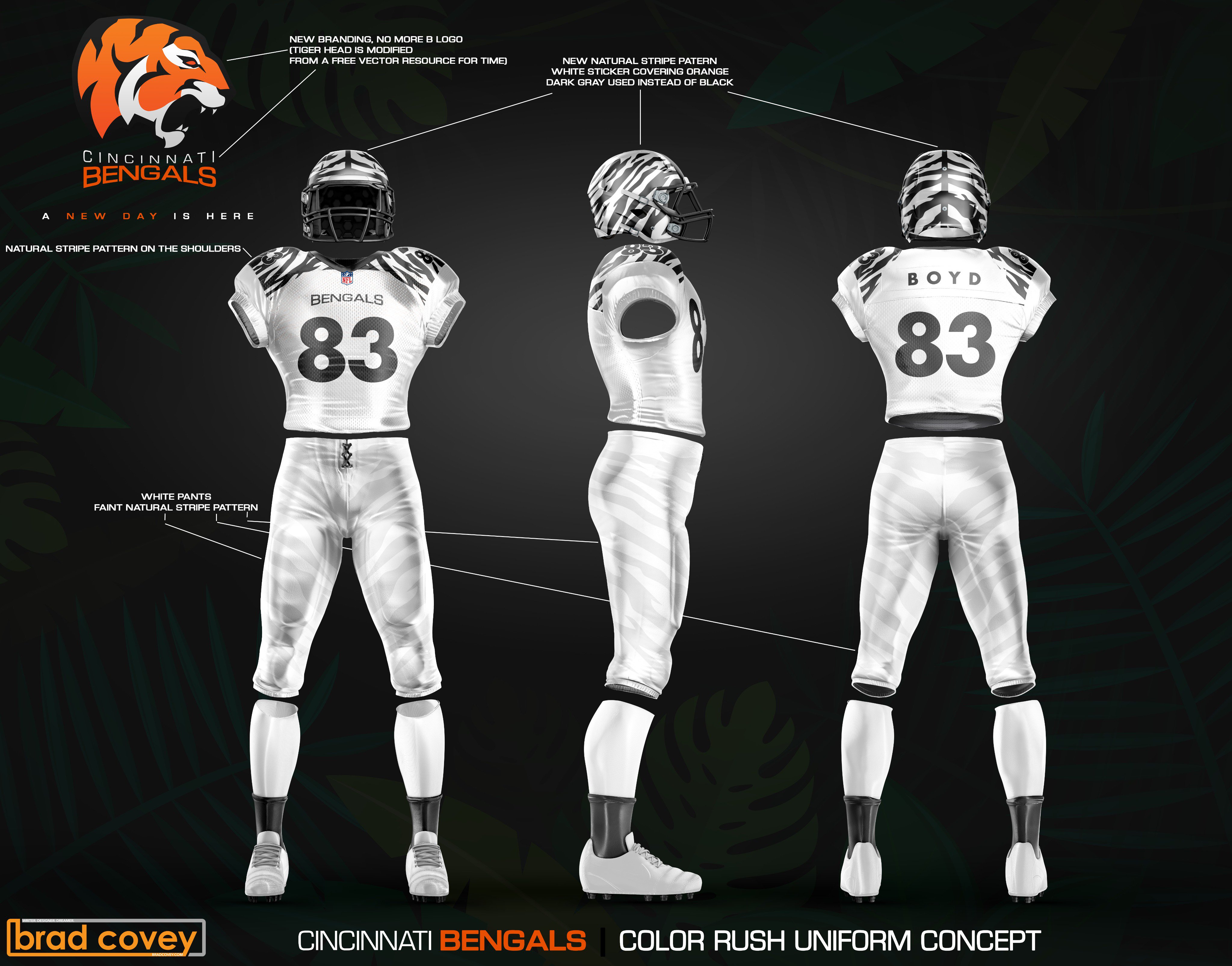 Brad Covey on X: 'Color rush @bengals uniform with an all white look, no  orange present. Natural stripe patterns and a dark gray color instead of  black, white sticker on the helmet