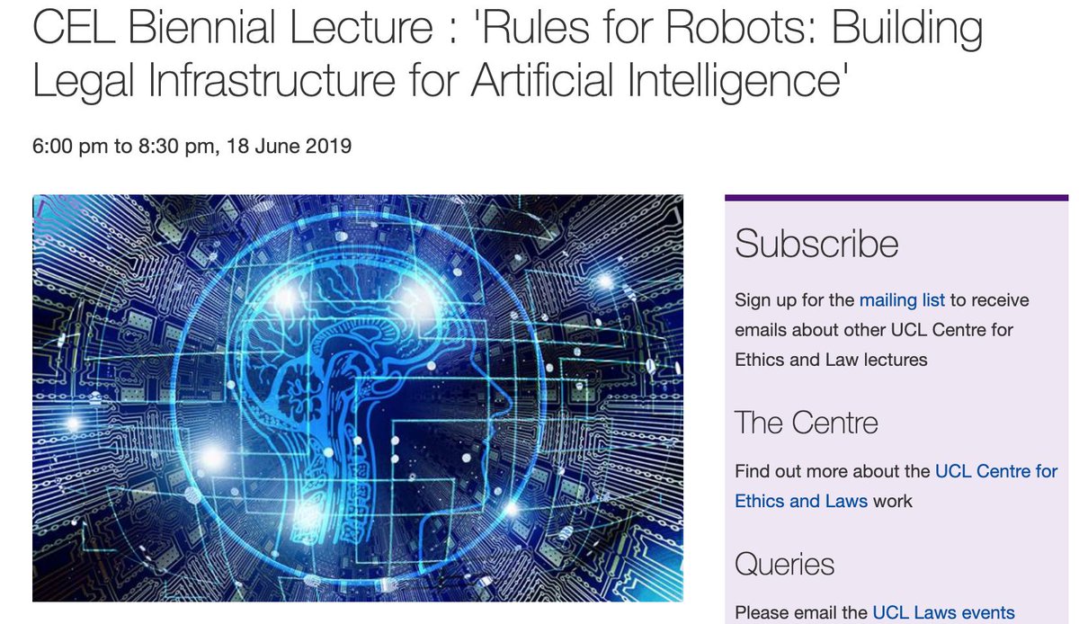 ghadfield's tweet photo. I'll be in London June 18 to deliver the UCL Centre for Ethics and Law Biennial Lecture--speaking on the challenge of regulating artificial intelligence.  Join me if you are in that great city! Reserve a seat here https://t.co/8jsIQE2PIN https://t.co/IcIDtAxOmT