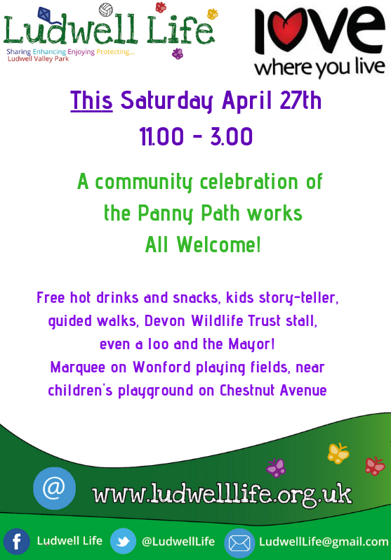 Free hot drinks, story teller, a Mayor, an MP, guided walks and a marquee this Saturday at Wonford playing fields. Celebrate the Panny path improvments <a href="/exploringexeter/">Exeter’s blogzine</a> <a href="/Devon_Hour/">#DevonHour</a> <a href="/WonfordCLC/">WonfordCommunityCtr</a> <a href="/wonfordcb1/">Wonfordcb</a>. All welcome 11.00 - 3.00pm