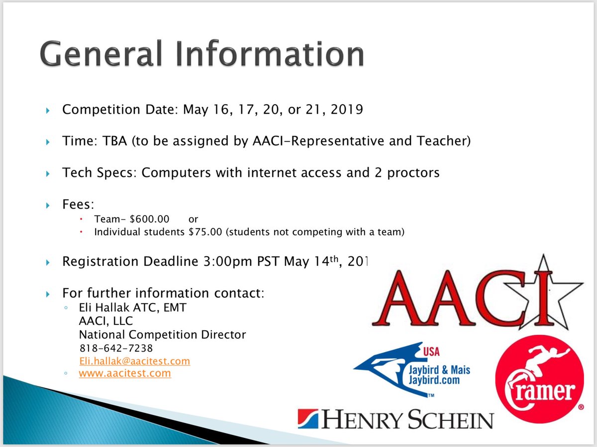 GHATS (@ghatsdotorg) on Twitter photo Do your Student Athletic Trainers have what it takes????
2019 National High School Sports Medicine Competition
For more information visit us at aacitest.com
Registration Deadline: 3pm, May 14, 2019
<a href="/NHSSM_2007/">NHSSM_2007</a> Do your Student Athletic Trainers have what it takes????
2019 National High School Sports Medicine Competition
For more information visit us at aacitest.com
Registration Deadline: 3pm, May 14, 2019
<a href="/NHSSM_2007/">NHSSM_2007</a>