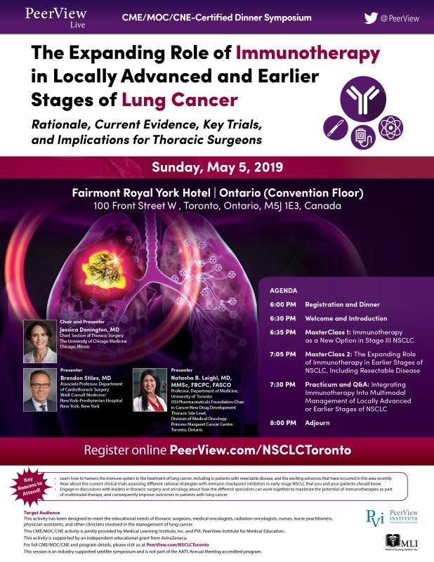 BrendonStilesMD's tweet photo. Don't miss out.  Immunotherapy will become a pillar of treatment for EARLY stage NSCLC. Surgeons need to be in the conversation.
Please join @PeerView for free dinner and CME event! Please pass along to all attending #AATS19. #lcsm
Register early at https://t.co/6isBagSD7b https://t.co/Ful7EkLaZ5