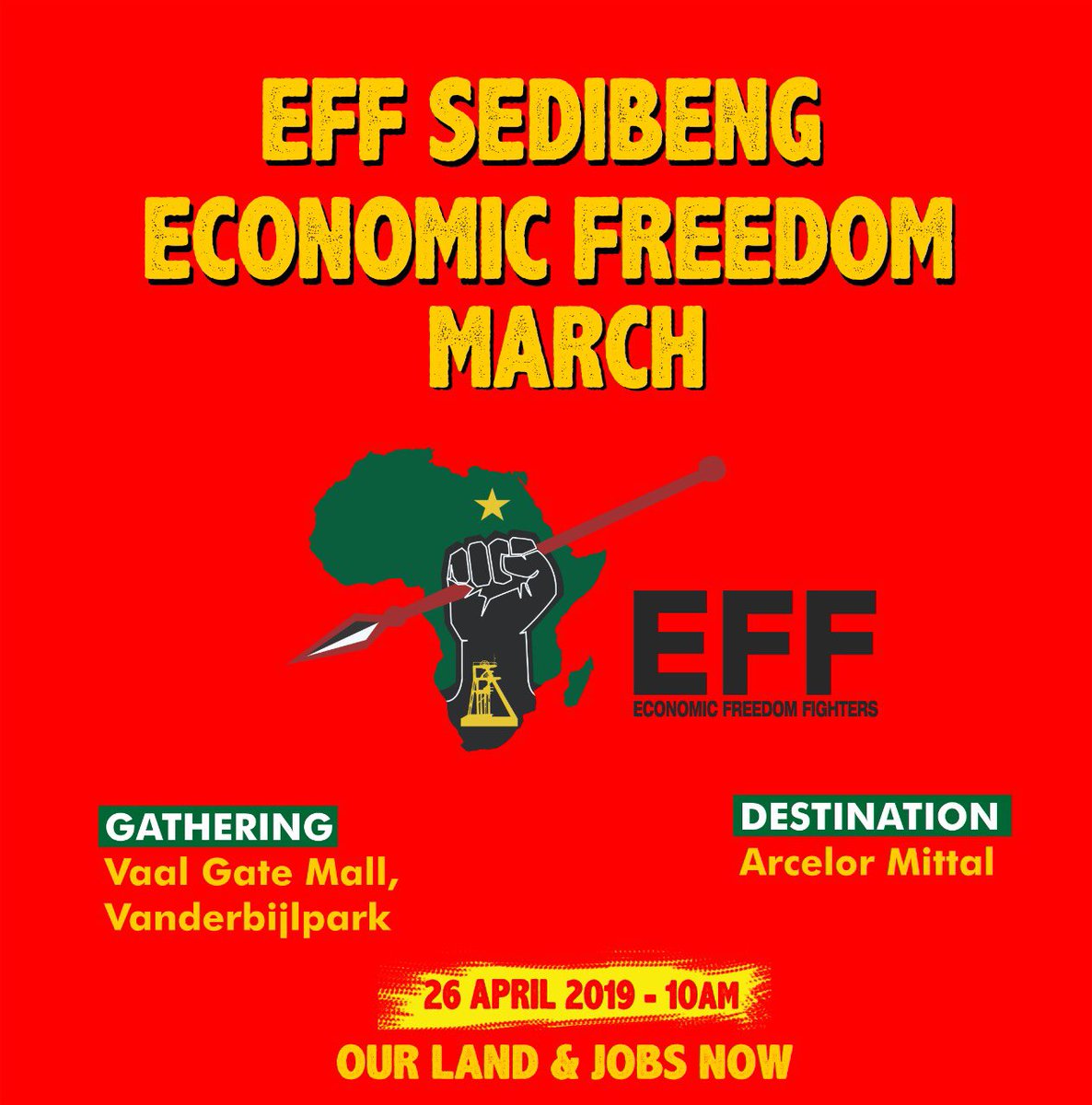 MbuyiseniNdlozi's tweet photo. EFF will march in solidarity with Arcelor Mittal workers who have been on strike for nearly two months demanding insourcing & decent wages. Details:
Date: 26 April, 2019 (Friday)
Time: 10h00 AM
Venue: Vaal Gate Mall, Vanderbijlpark
#OurLandAndJobsNow #EconomicFreedomMarch https://t.co/6PWM948Rda