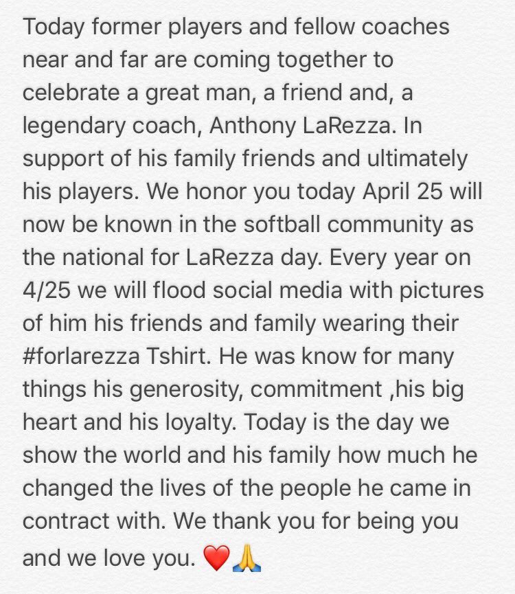 CoachDellaVolpe's tweet photo. Today is National #ForLaRezza day this years ForLaRezza day means so much more! Today let’s celebrate Anthony and his @NFCAorg HOF nomination also the success of the Leadoff Classic in his honor. @IHANJSoftball @ihasoftballnj @Philip_Alagia @NJPrideGold @HSSportsNJ @VarsityAces https://t.co/8dNV20UwkK