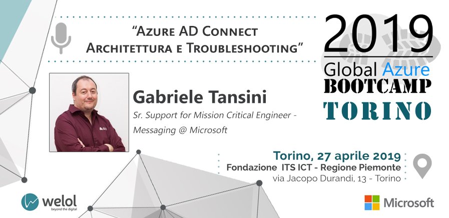 WelolNext's tweet photo. 27 aprile #GAB #TORINO
Non perderti la sessione di Gabriele Tansini, come risolvere i problemi di sincronizzazione degli oggetti con la Azure AD Connect
Iscriviti al #GlobalAzure Bootcamp Torino
https://t.co/f8tNstXHKR
#welol #digitaltrasformation #azure #microsoft https://t.co/SYxP844JJj