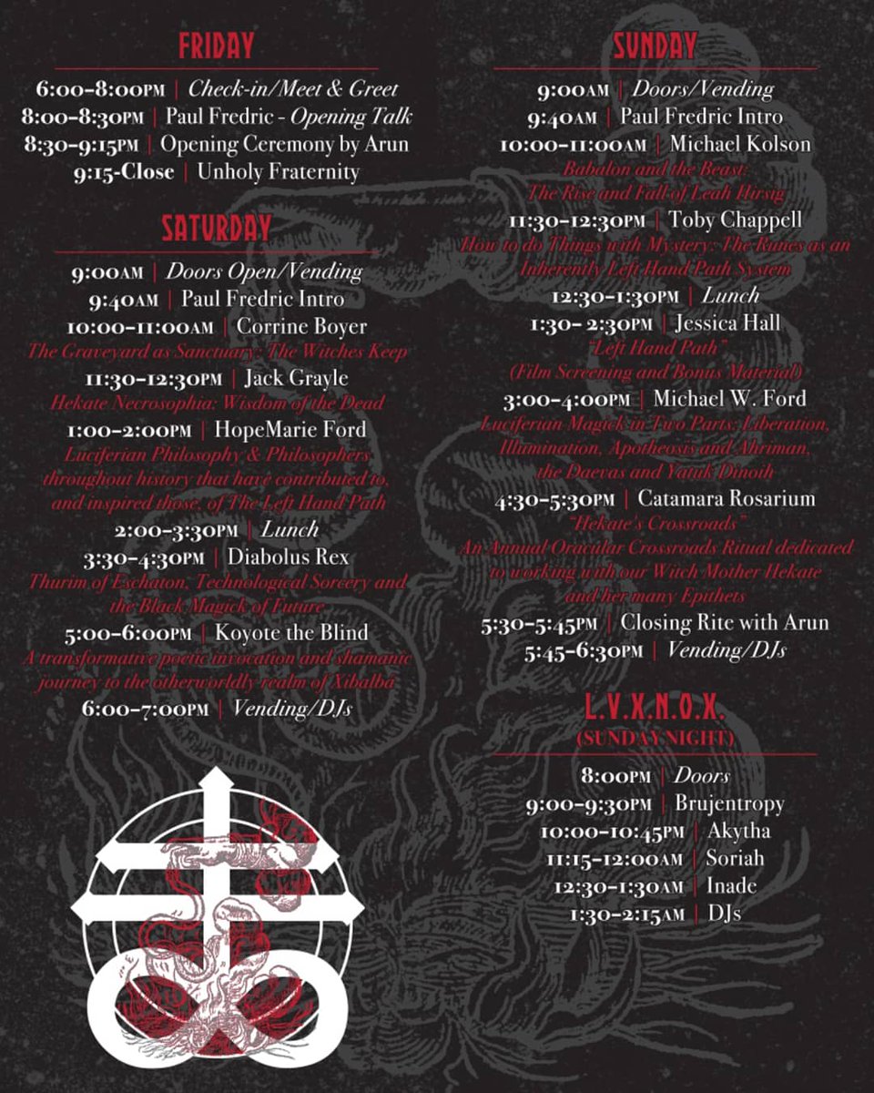 PdxFlame's tweet photo. The full weekend schedule is now available for your viewing pleasure and is also posted up in the "Program" section on the website!

#blackflame #blackflamepdx #occult #esoteric #lhp #lefthandpath #magick https://t.co/0xP68djXid