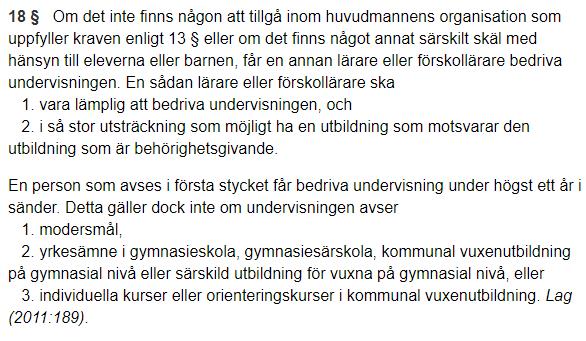 hedberg_anki's tweet photo. Vem är ansvarig för undervisningen på fritidshem om det inte finns en behörig lärare?
Nu verkar denna fråga kommit i hamn. Fick utmärkt hjälp av @TornbergAnna 

SVAR: Finns ingen behörig kan man använda någon annan högst ett år i sänder. Se 2 kap 18 § skollagen. https://t.co/sycTRp2858
