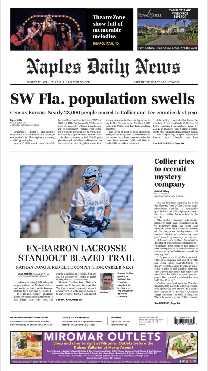 LacrosseNaples's tweet photo. Lacrosse and @UNCMensLacrosse making headlines here in Naples, Florida. Nice front-page story by @NDN_dosborn on senior defenseman Michael Nathan. Carolina looks to defeat @CuseMLAX tonight in start of @ACCMLax tournament. #tarheels #NorthCarolina @GoHeels #growthegame https://t.co/BrlfgsG1DX