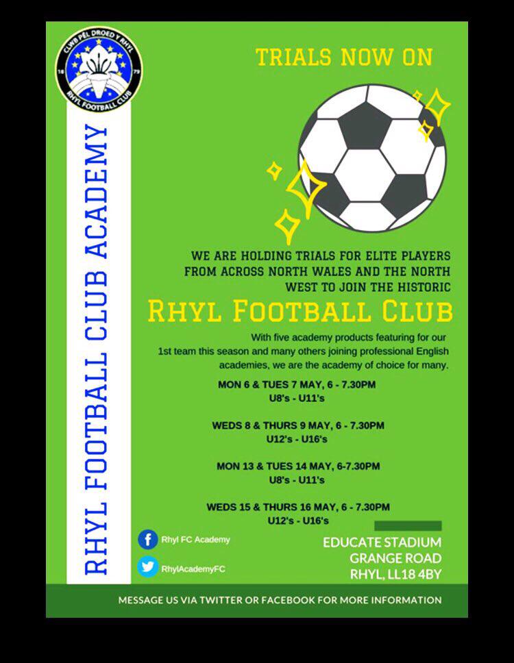 CPD Y Rhyl 1879 official (@rhylfc) on Twitter photo SEARCHING FOR THE STARS OF TOMORROW
Rhyl FC will be holding trials in early May for young footballers wishing to join the <a href="/RhylAcademyFC/">Rhyl FC Academy</a> for the 2019/20 season. This is a great opportunity for young players to be part of the Rhyl Football Club family.
rhylfc.co.uk/news/academy-t… SEARCHING FOR THE STARS OF TOMORROW
Rhyl FC will be holding trials in early May for young footballers wishing to join the <a href="/RhylAcademyFC/">Rhyl FC Academy</a> for the 2019/20 season. This is a great opportunity for young players to be part of the Rhyl Football Club family.
rhylfc.co.uk/news/academy-t…