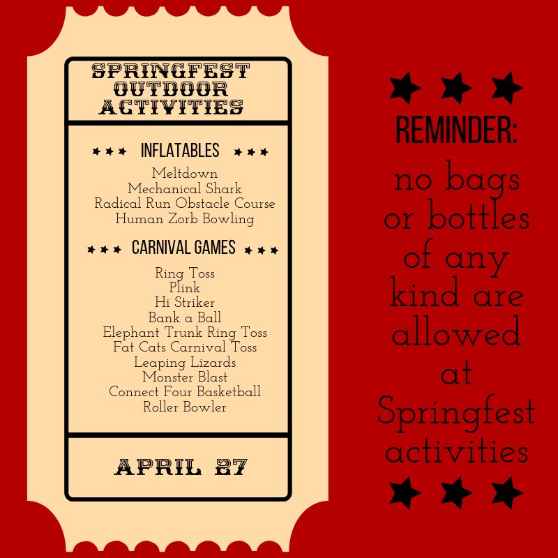 Wondering what kind of activities we’re having this year? Well here’s your list!
Be sure to come participate in the activities so that you can earn tickets to redeem the prizes we posted about earlier this week! (Including your super cool Springfest shirt)