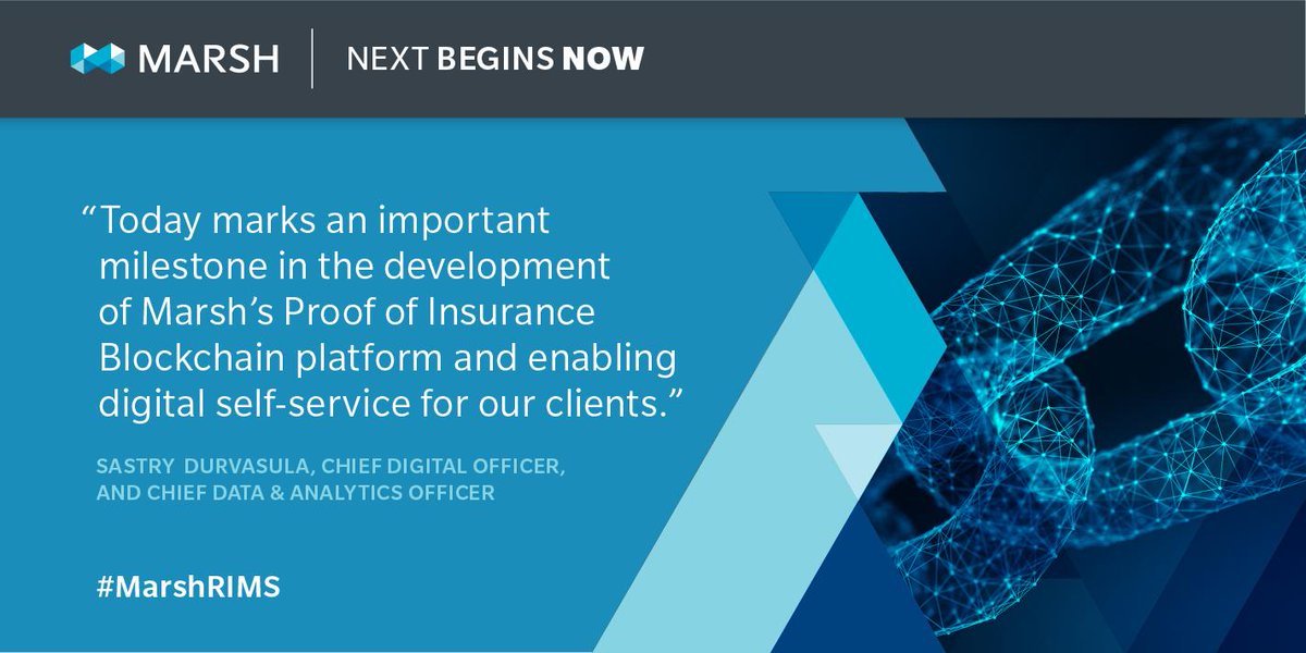 MarshGlobal's tweet photo. NEWS: Select @MarshGlobal clients will soon be able to obtain on-demand certificates of insurance via a digital app, powered by #blockchain technology. Learn more now: https://t.co/0NdycHvr22 #MarshRIMS #RIMS2019 https://t.co/tGkJ6TgeFL