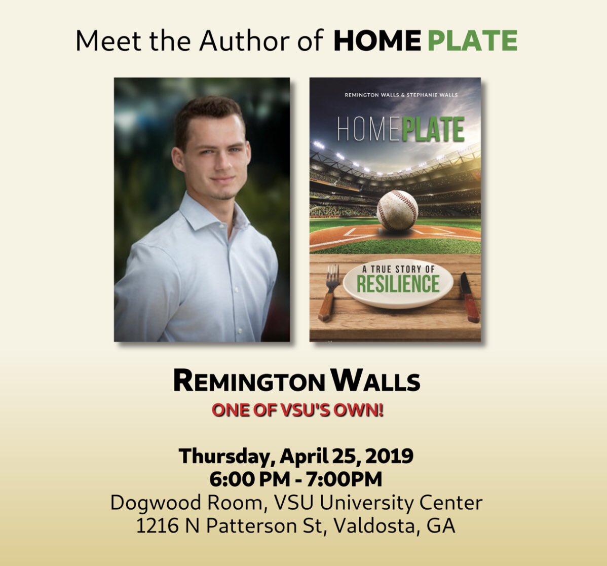 nowscpress's tweet photo. Come out to the VSU University Center tonightto meet Remington Walls, the author of Home Plate!
#Homeplate
#NOWBooks #NOWAuthors #NOWPublishing #AMWriting https://t.co/LTfypdMMQW