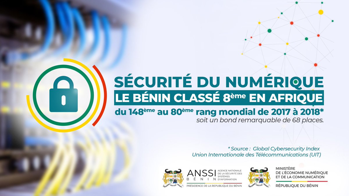 gouvbenin's tweet photo. Le Bénin classé 8ème au plan continental en matière de #cybersecurite par l'Union Internationale des Télécommunications (UIT) grâce aux efforts de @Anssi_Benin @adnbenin @numeriquebenin @assibenin @absucep sous le leadership de @AurelieASZ du @gouvbenin => https://t.co/211L1Q2ZQJ https://t.co/8lbspmsIoj