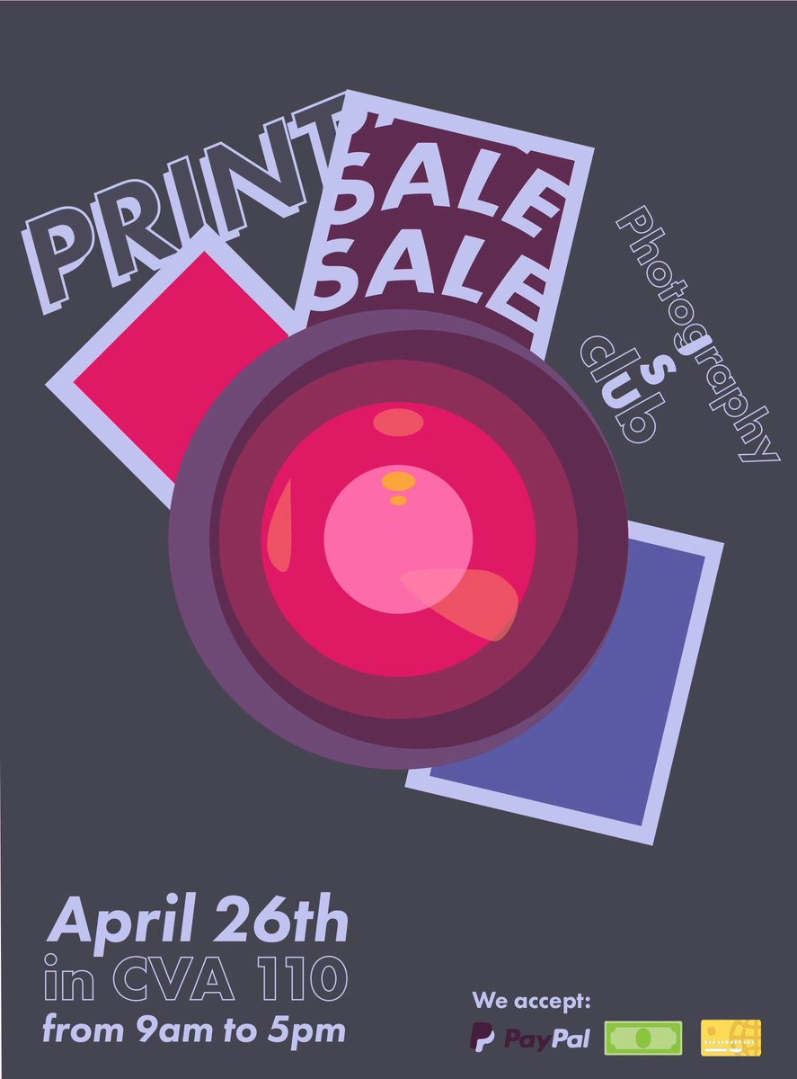 Our print sale is happening tomorrow in CVA 110 from 9:00 a.m. - 5:00 p.m. We will have a wide variety of prints from our talented members! 📷