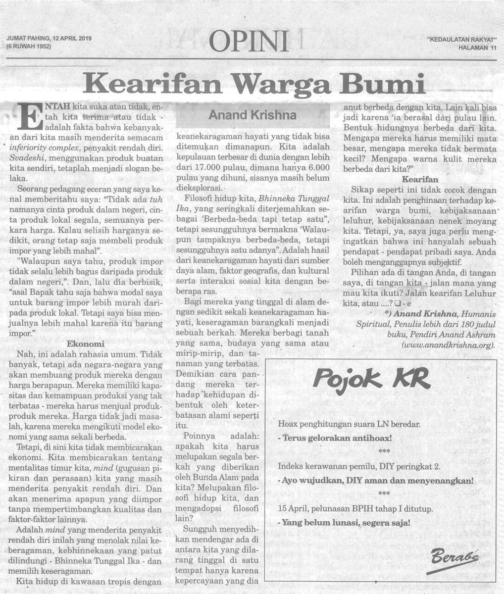 Anand_Krishna_'s tweet photo. #Kearifan #Budaya #Nusantara #Wayang #Kejawen #Sunda #Wiwitan #Kaharingan #Permalim #Pemena #Yogyakarta #WargaBumi #Pancasila #BhinnekaTunggalIka @KRjogjadotcom @Redaksi_KR @AseliYogyakarta @agama_nusantara @mashikam @musdahmulia @caknundotcom @BentaraBali @BentaraBudaya @cgibali https://t.co/p7NQ5jpUD0