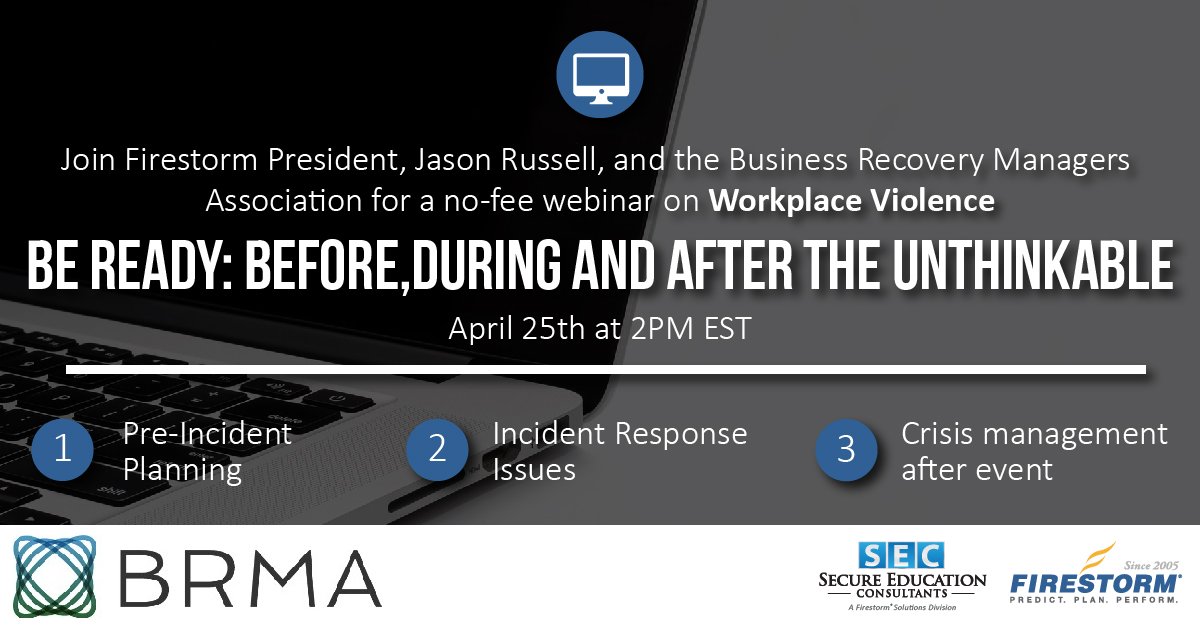Last chance to register! Join Jason Russell and the Business Recovery Mangers Association today at 2PM EST for a webinar on Workplace Violence.

Register here: ow.ly/fkuJ50rawHH

#WorkplaceViolence #ViolencePrevention