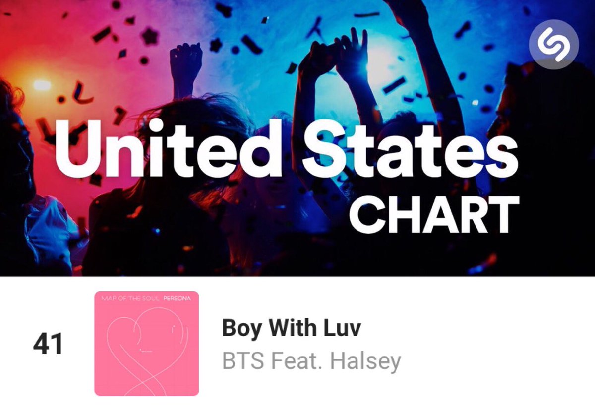 STARSonShazam's tweet photo. [DAY 13 APRIL 25🌀CHART UPDATE]

🇺🇸ARMY! @BTS_twt BOY WITH LUV ft Halsey dropped to #41 (-3) on todays US 🌀 Top 100! 🚨Can we increase our #ShazamBoyWithLuv today to climb back up the charts?🚨Remember Shazam is critical for radio play! Let’s get that bread!

#BBMAsTopSocial BTS https://t.co/ceVs1pO61N