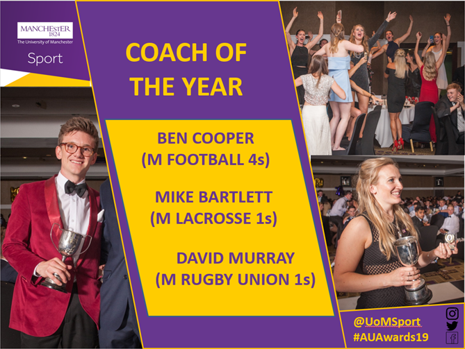 UoMSport's tweet photo. AU AWARDS | We are happy to announce our first set of shortlisted nominations for #AUAwards19 "Coach of the Year" &amp; "Social Media Award". The next shortlist to be announced will be the "Fresher of the Year" &amp; "Social Responsiblity Award" at 1pm tomorrow! #PURPLEandPROUD. https://t.co/gF3jjzOkSD