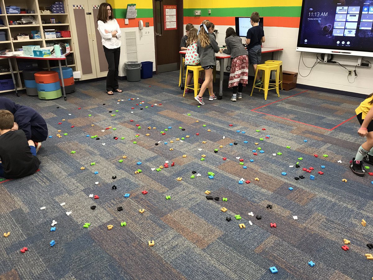 MrPicard_HES's tweet photo. The trash in the #SparkLab is out of control. Good thing @MrsWhitelock &amp; @MrsCollins3rd classes are willing to help after learning about Earth Day and watching Wall-E. Using our @WonderWorkshop robots to get the trash into the recycling zones. #HESTEM #HappyHillendale #EarthDay https://t.co/Ki46IeZF29