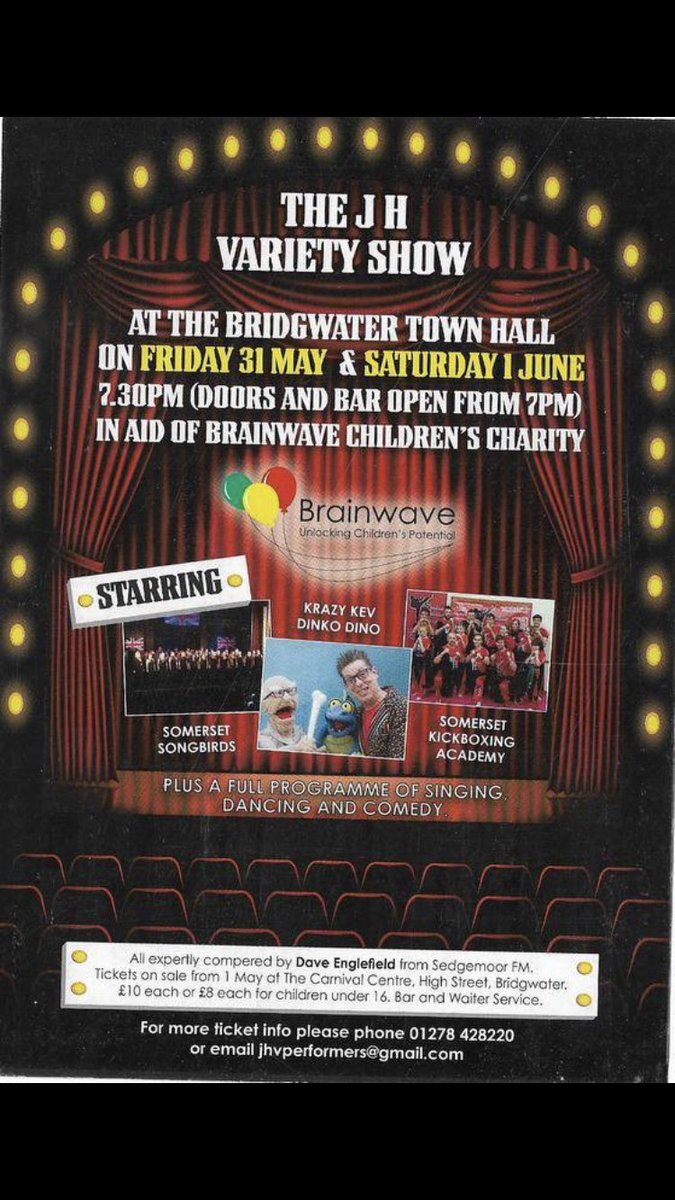 This years show fundraising for <a href="/BRAINWAVECENTRE/">Brainwave</a>  showcasing #localtalent #bridgwater will also feature Somerset kick boxing academy, the Somerset songbirds and Krazy Kev &amp; Dinky Dino

<a href="/MarkDrewettNati/">Somerset KB Academy</a> <a href="/sssongbirds/">Somerset Songbirds</a> <a href="/DinkyKrazykev/">krazy kev and Dinky</a> 

Tickets on sale next week!