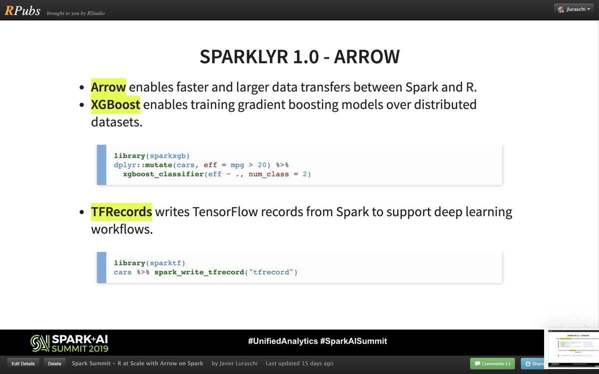 Slides for scaling #rstats and #apachespark with #apachearrow in #sparksummit: rpubs.com/jluraschi/spar… -- Slides built with❤️ from R.