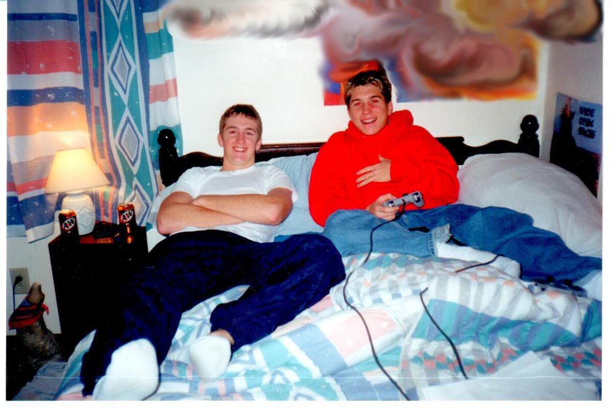 cap_athletics's tweet photo. Hey @CapMensLax !! We can do the #TBT thing too! Check out these two goons! Wired controllers on their video game console? Highlights?! Who are these two jokers? Any takers? #d3lax #capfam #capmlax https://t.co/TxhD20nc8U