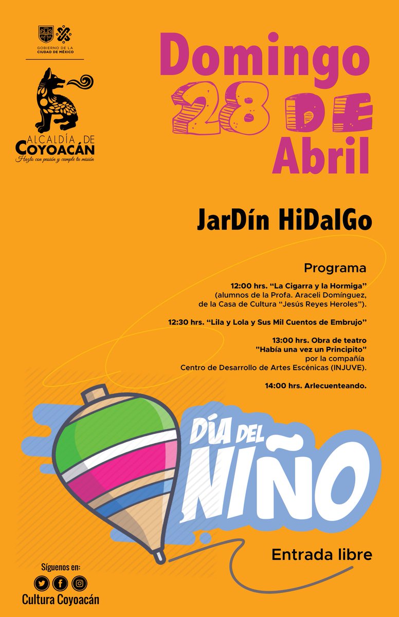 GeneralCoyoacan's tweet photo. Este domingo, te adelantamos el #Diadelniño.

Ven al Jardín Hidalgo de la Alcaldía de #Coyoacán y disfruta de nuestro festival a partir de las 12:00 hrs.

#EntradaLibre https://t.co/FF94ks4Pxg