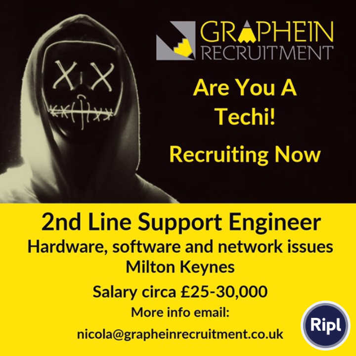 Techie 👨‍💻 wanted 2nd line Support Milton Keynes #technicalsupport for more info email: nicola@grapheinrecruitment.co.uk s.ripl.com/p06u2c via ripl.com