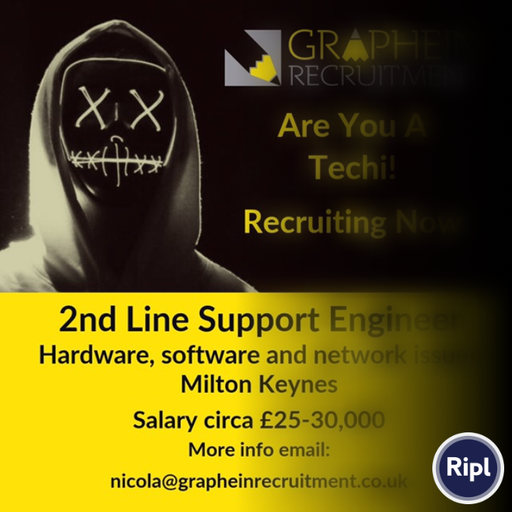 Techie 👨‍💻 wanted 2nd line Support Milton Keynes #technicalsupport s.ripl.com/gnq2r8 via ripl.com for more info email: nicola@grapheinrecruitment.co.uk