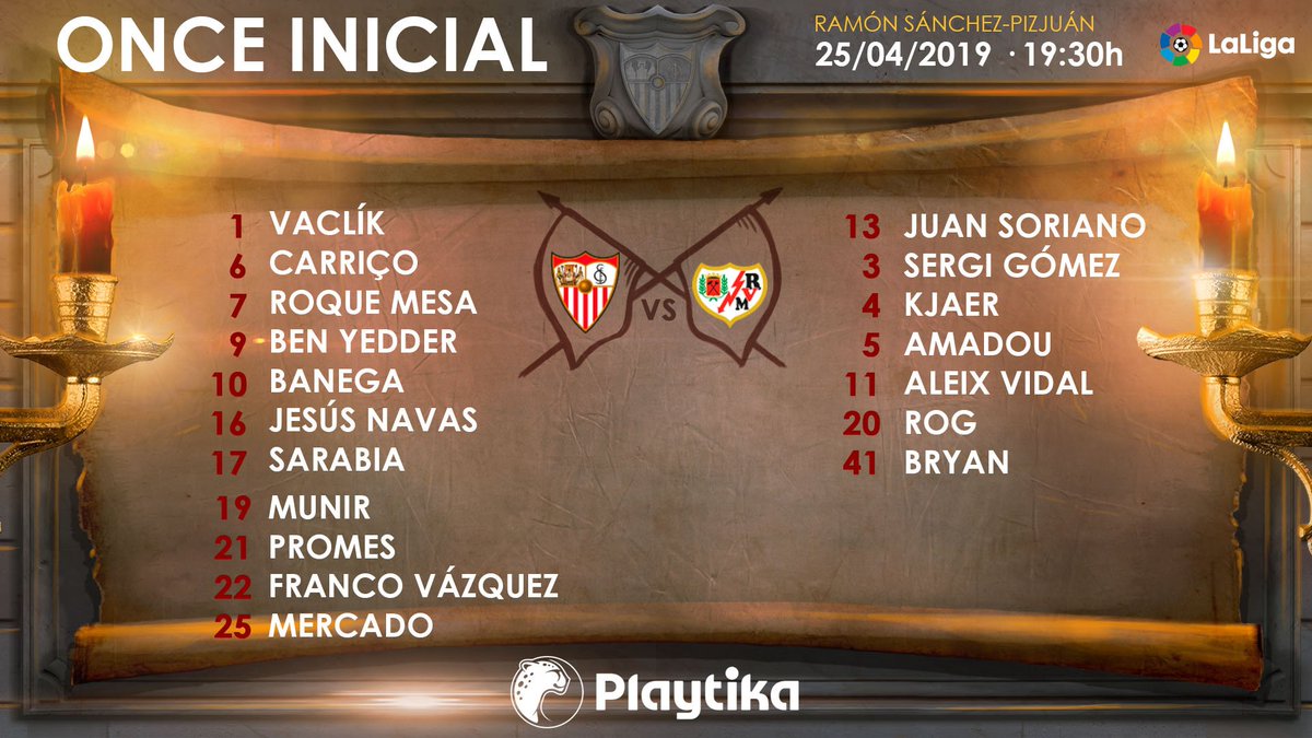 🚨 Con este XI sale el #SevillaFC ante el <a href="/RayoVallecano/">Rayo Vallecano</a> en la tarde de hoy: Vaclík, Carriço, Mercado, Jesús Navas, Promes, Roque Mesa, Banega, Sarabia, Franco Vázquez, Munir y Ben Yedder.

#vamosmiSevilla #WeareSevilla